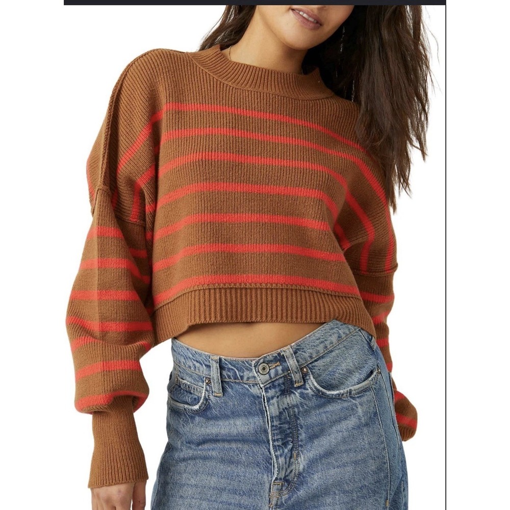 Free People Easy Street‎ Stripe Crop Pullover Sweater Brown Orange Size Medium
